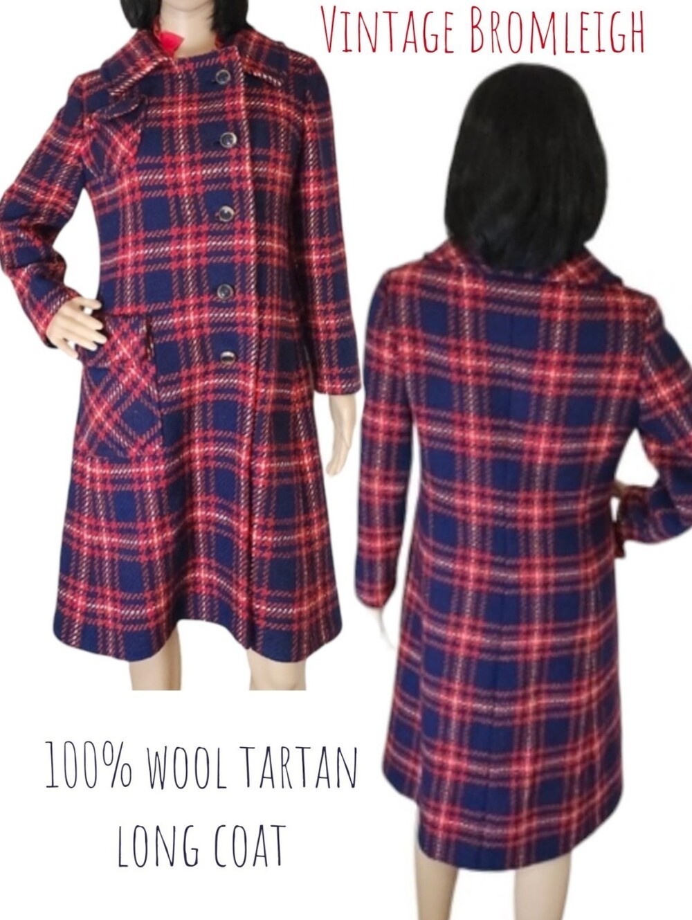 Vintage Bromleigh Women's 100% wool plaid long Overcoat Winter Trench red navy S